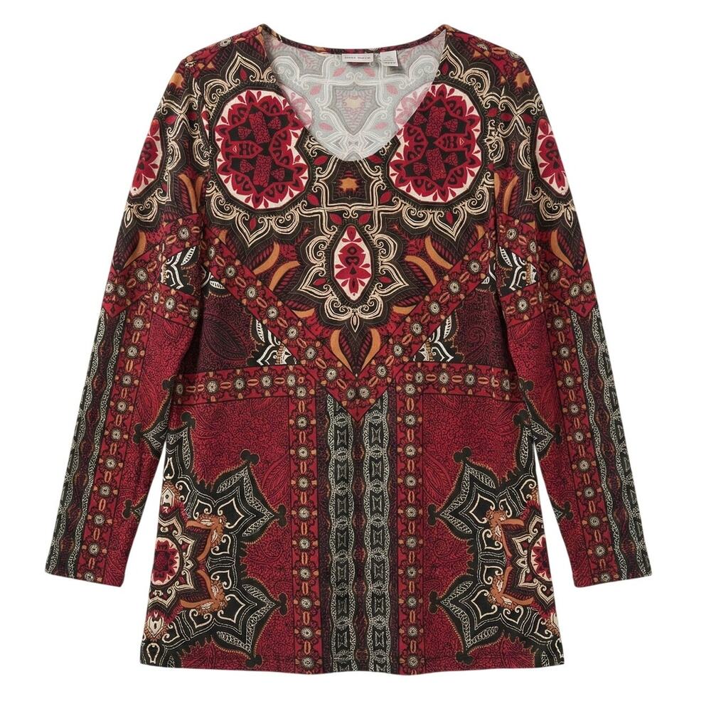 Easy Wear by Chico's Women M Boho Art Baroque Paisley Medallion Career Tunic Top